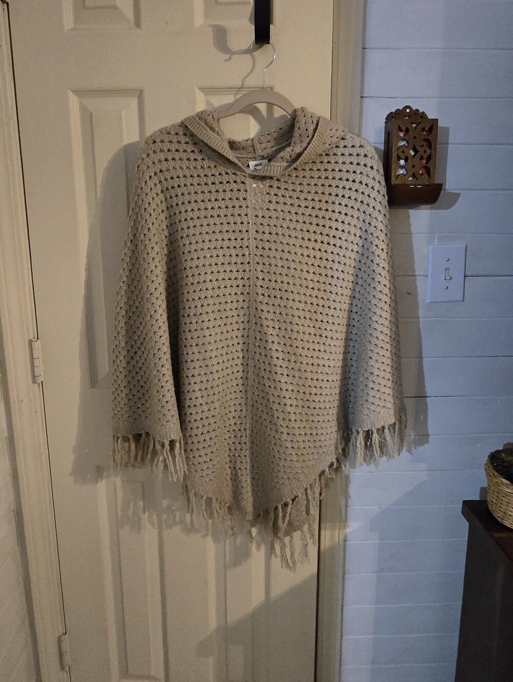 American Eagle Outfitters Cream Hooded Knit Poncho with Fringe